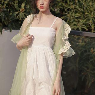 Set: Spaghetti Strap Midi Dress + Elbow-sleeve Ruffled Light Jacket