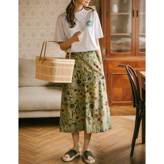 Retro Flower A-line Long Skirt Khaki - One Size