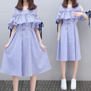 Striped Cut Out Shoulder Short Sleeve Midi Dress