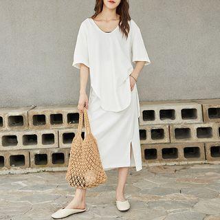 Set: Elbow-sleeve U-neck T-shirt + Side Slit Midi Straight-fit Skirt
