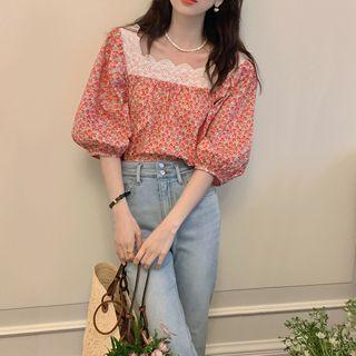 Puff-sleeve Floral Print Lace Trim Blouse Floral Print - Red - One Size