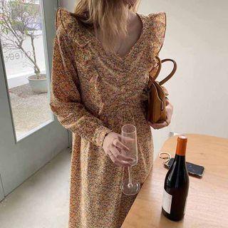 Long-sleeve Square-neck Ruffle Trim Floral Dress