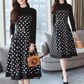 Mock-neck Dotted Long-sleeve Midi A-line Dress