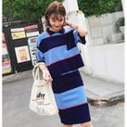 Set: Striped Short-sleeve Knit Top + Knit Skirt