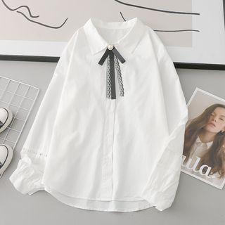 Lace Ribbon Tie-neck Shirt White - One Size