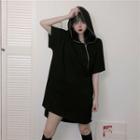 Elbow-sleeve Asymmetric Zip Hooded Mini T-shirt Dress Black - One Size