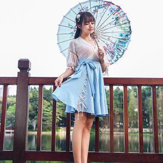 Set: Elbow-sleeve Blouse + Mini A-line Skirt
