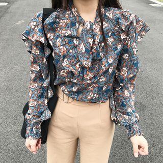 Print Tie Neck Ruffle Blouse
