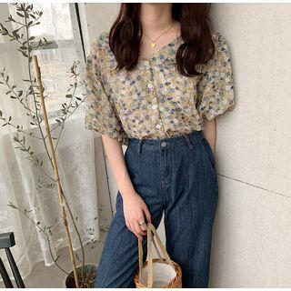 Elbow-sleeve Floral Buttoned Drawstring Top