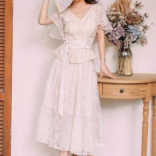 Set: Lace Panel Short-sleeve Blouse + Midi A-line Skirt