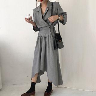 Notch Lapel Asymmetric Hem Midi A-line Dress As Shown In Figure - One Size