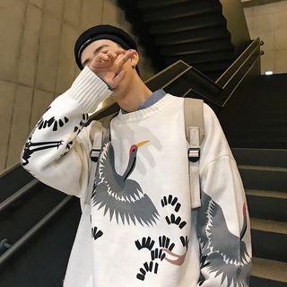 Loose-fit Crane-print Knit Sweater