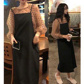 Long-sleeve Dotted Mesh Top / Spaghetti Strap Midi Dress