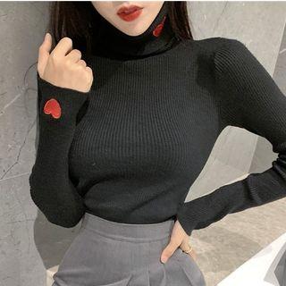 Heart-embroidered Turtleneck Knit Top