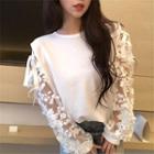 Floral Lace Sleeve Plain Top White - One Size