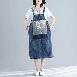 Lace Paneled Midi Denim Dungaree Dress