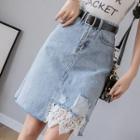 Lace Panel Fitted Denim Skirt