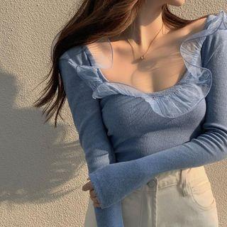 Ruffle Trim Crop Knit Top Light Blue - One Size