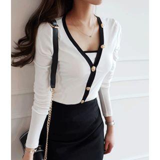 Set: V-neck Contrast-trim Cardigan + Spaghetti-strap Top