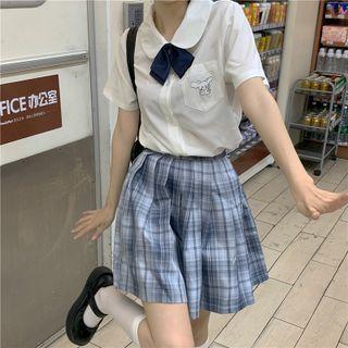 Short-sleeve Embroidered Blouse / Pleated Mini A-line Skirt