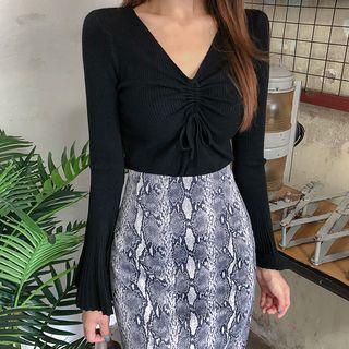 Bell-sleeve Drawcord Rib-knit Top