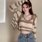Striped Cardigan / Crochet Knit Cropped Camisole Top