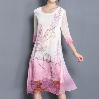Bird Print 3/4 Sleeve Chiffon Dress