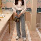 Cherry Embroidered Wide-leg Jeans