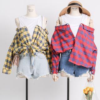 Loose-fit Mock Two-piece Plaid Top