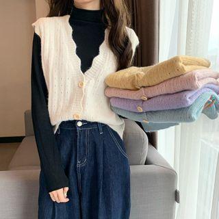 Mock-turtleneck Knit Top / Single-breasted Pointelle Knit Vest