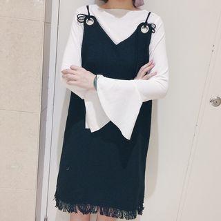 Plain Long Sleeve T-shirt / Tweed Spaghetti Strap Dress