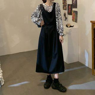 Puff-sleeve Zebra Print Blouse / Midi Overall Dress