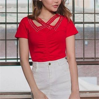 Cut-off Detailed Stud-trim T-shirt