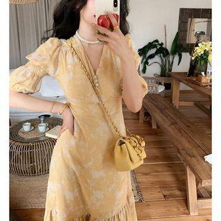 Short-sleeve V-neck Print Slim-fit Dress