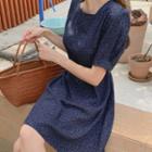 Tie-waist Floral Dress Navy Blue - One Size