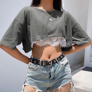Short-sleeved Lace-trimmed Cropped T-shirt