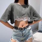 Short-sleeved Lace-trimmed Cropped T-shirt