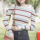 Striped Cold Shoulder Knit Top As Shown In Figure - One Size