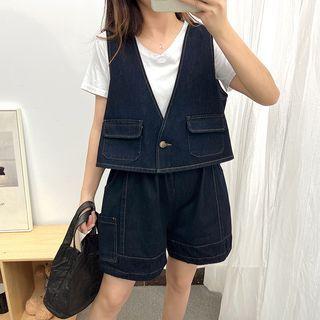 Single-button Denim Crop Vest / Shorts / Set