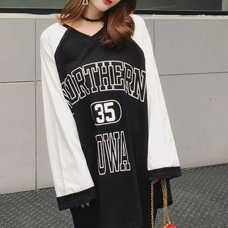 Lettering V-neck Raglan Long-sleeve T-shirt