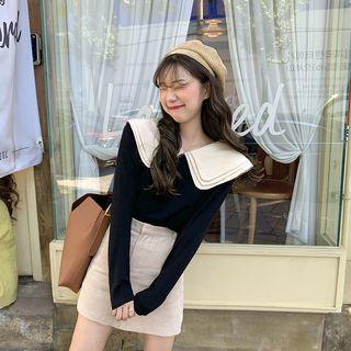 Color-block Long-sleeve Blouse As Figure - One Size