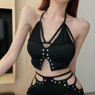 Set: Halter Neck Clit Crop Camisole Top + Skinny Pants