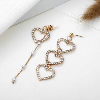 Heart Rhinestone Asymmetrical Dangle Earring 1 Pair - Gold - One Size