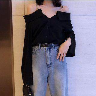 Long-sleeve Cold Shoulder Shirt Black - One Size