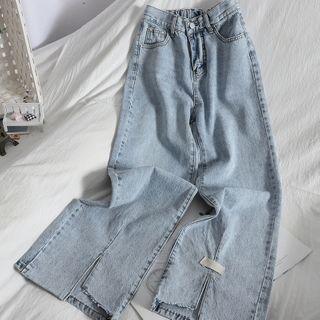 Slit-hem Washed Wide Leg Jeans