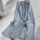 Slit-hem Washed Wide Leg Jeans