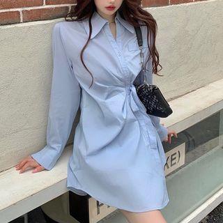 Long-sleeve Asymmetrical Wrapped Shirtdress