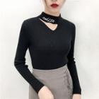Lettering Cut-out Mock-neck Knit Top