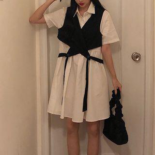 Short-sleeve Mini A-line Shirt Dress / Vest