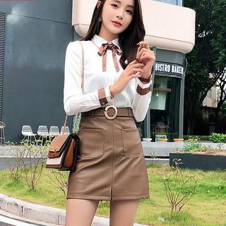 Tie Neck Shirt / A-line Skirt / Dress Pants / Set